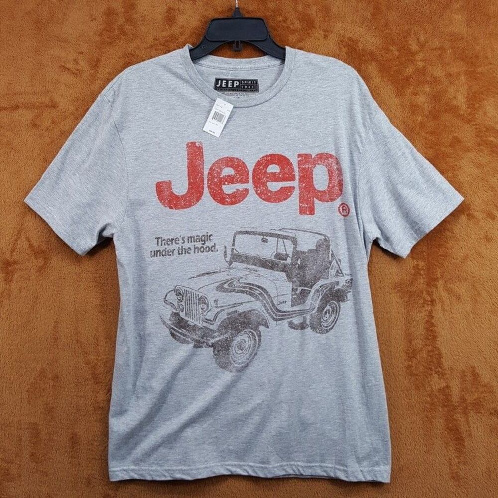 JEEP Shirt Mens Large Grey Pullover Crew Graphic T-Shirt JEEP Magic Under Hood